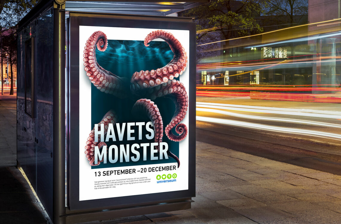 Posterdesign, eget projekt "Havets monster". Här med en bläckfisk som kommer ut ur affischen.