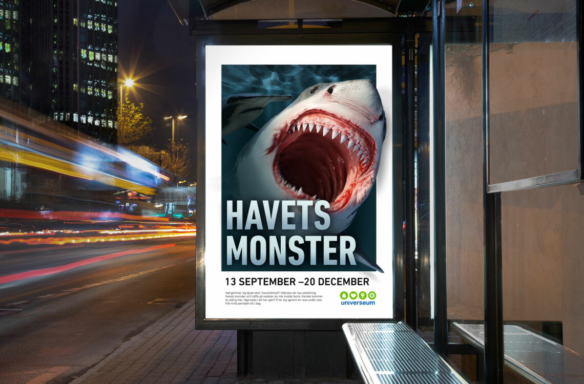 Posterdesign, eget projekt "Havets monster". Här med en haj som kommer ut ur affischen.