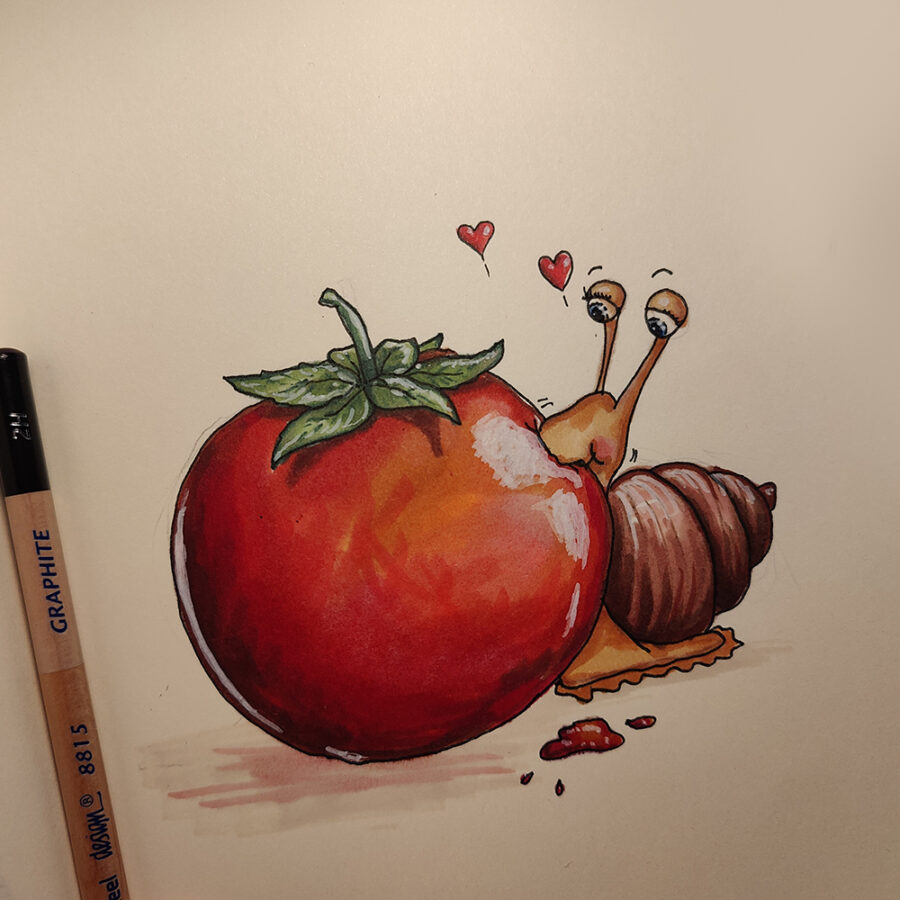 The100dayproject. Illustration av promarkers. En snigel som äter tomat.