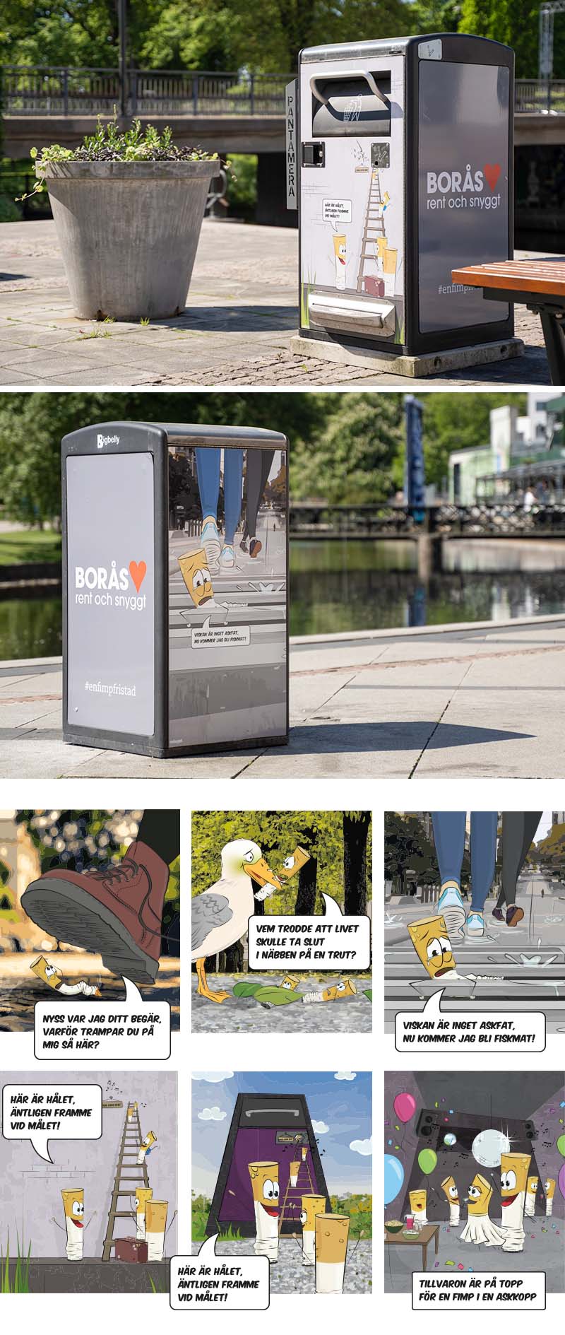 Fimpkampanj för Borås Stad. Bilderna visar illustrationerna och appliceringen på BigBelly-soptunnorna.