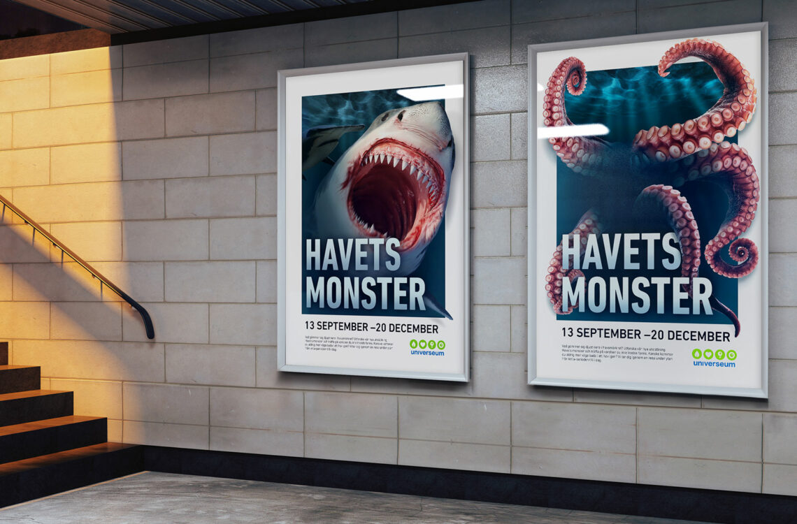 Posterdesign, eget projekt "Havets monster". Här med de båda affischerna inom serien.