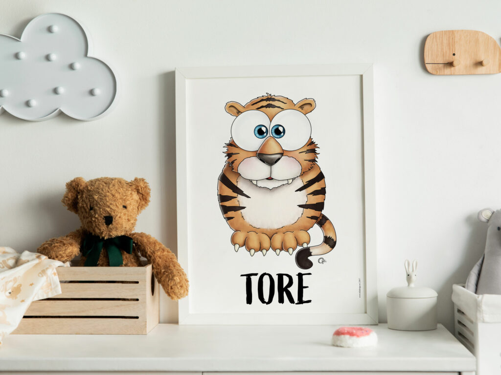 Barntavla med namnet Tore och en tiger